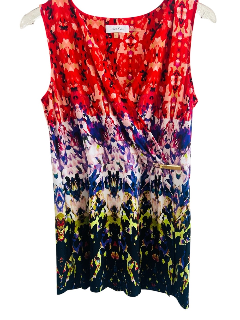 Calvin Klein Red Navy Purple Print Sleeveless Wrap Top